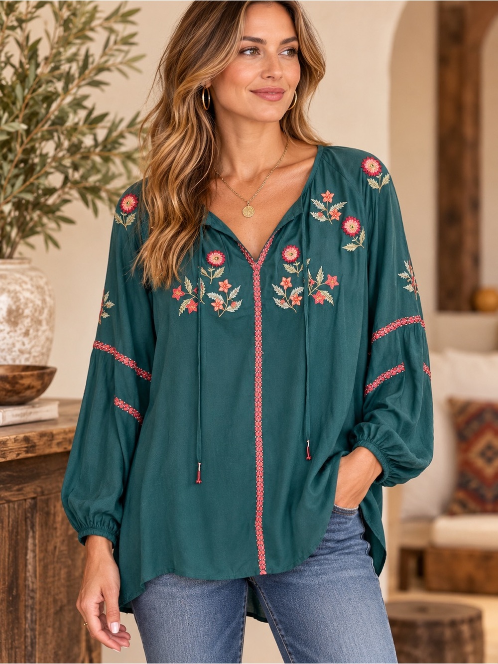 BENARES Teal Floral Embroidered Boho Peasant Tunic Blouse Size Large